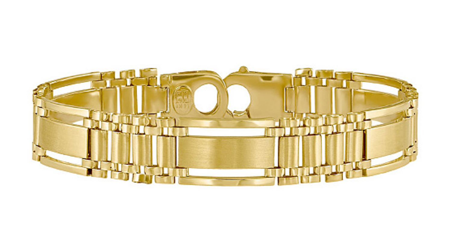 Men's Italian 14k yellow gold bar and panther link bracelet.