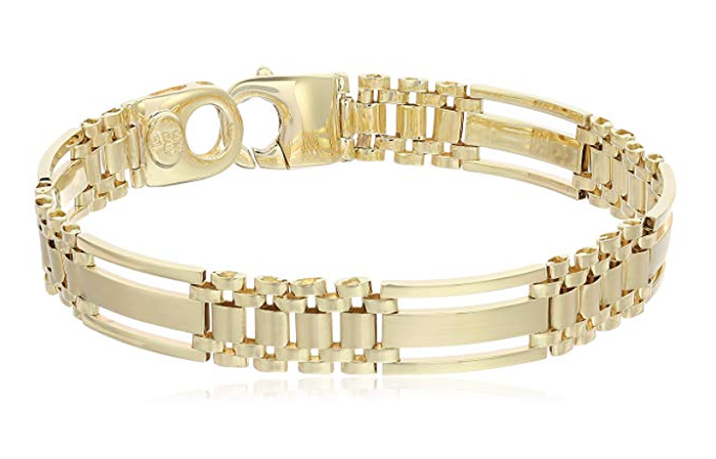 Men's 14k Yellow Gold 9.25mm Bar and Panther Link Bracelet.