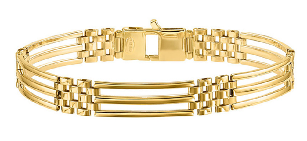 Gorgeous, 8.75 millimeter 14k yellow gold sleek bar and panther link chain bracelet that is 8.25 inches long; quality Italian craftsmanship.