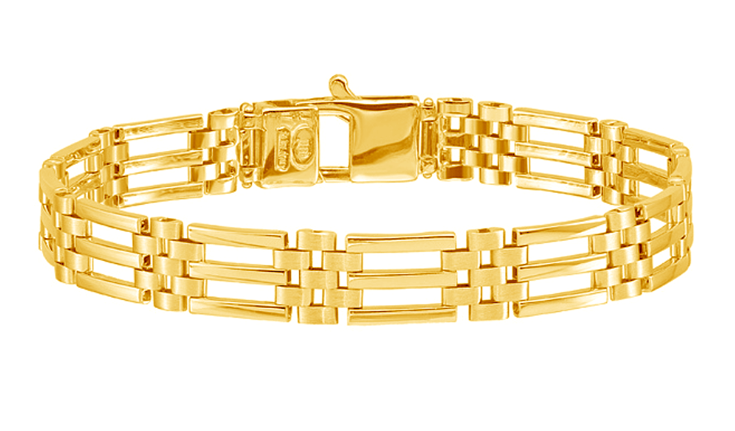 Men's Italian 14k yellow gold bar and panther link bracelet.