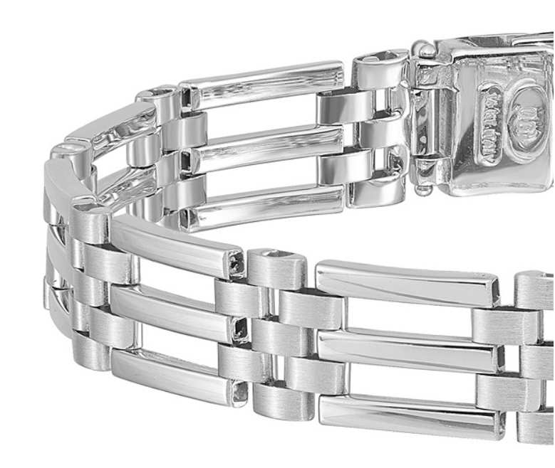 Men's Rhodium Plated 14k White Gold bar and Panther Link Bracelet.