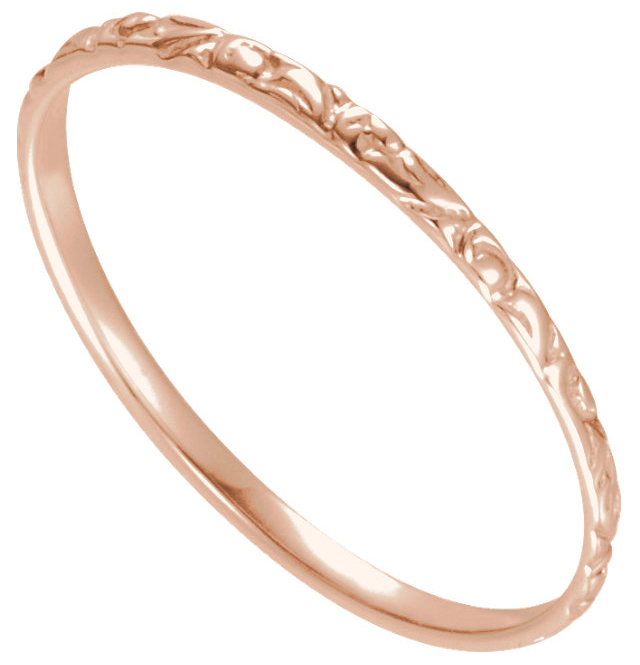 Slim-profile size 3 14k rose gold band is for boys, girls and petite women. This gorgeous band also works well for rings that are worn below the last joint of the finger, known as a knuckle ring and perfect for stacking.