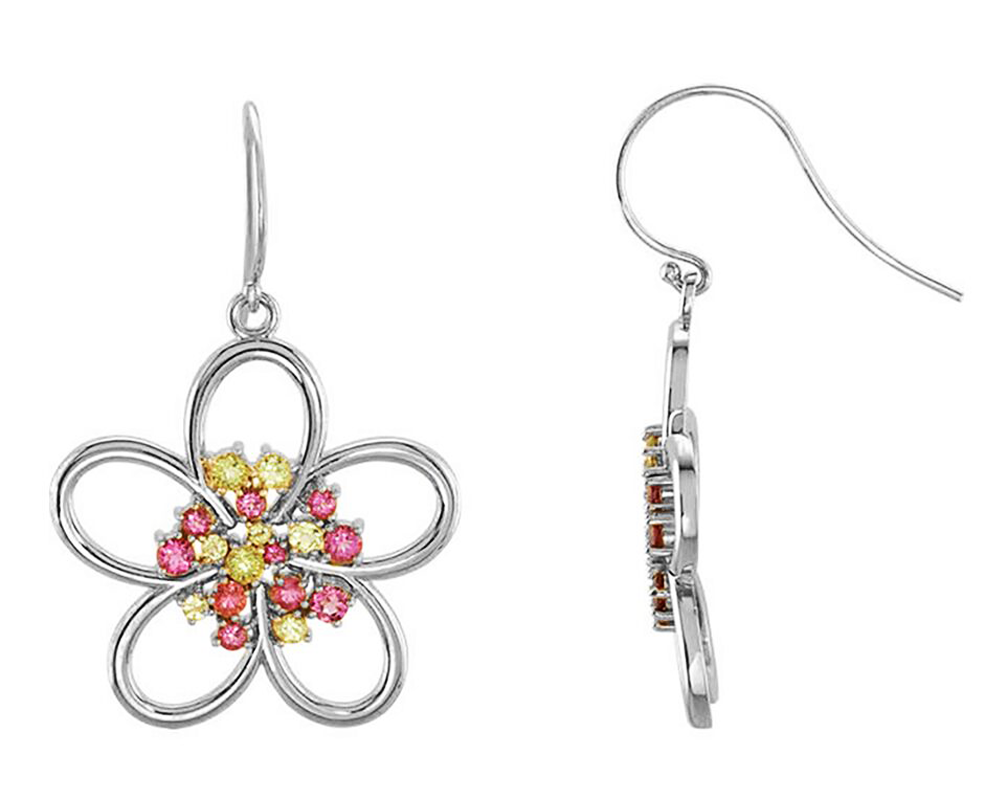 Arizona peridot and pink tourmaline gemstone flower petal earrings offered in 14k white gold and sterling silver.