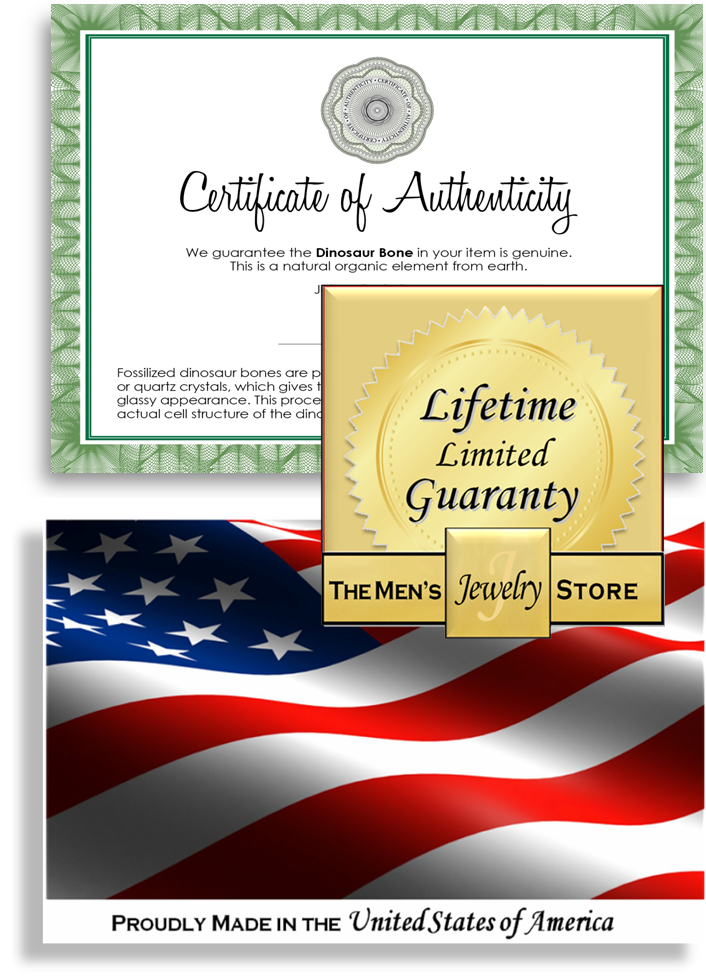 Authentic dinosaur bone rings made in the USA with lifetime guaranty from The Men's Jewelry Store.