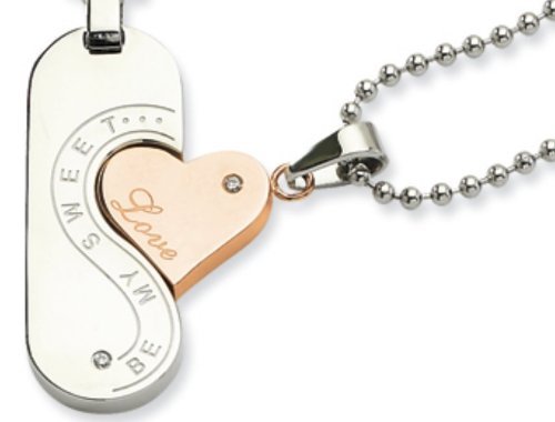 Two pendant necklaces that fit together with an engraved message that starts at the curvy pendant 'Be My Sweet... Love' engraved in cursive style is on the rose IP steel heart pendant, each is suspended from a 22 inch ball chain.