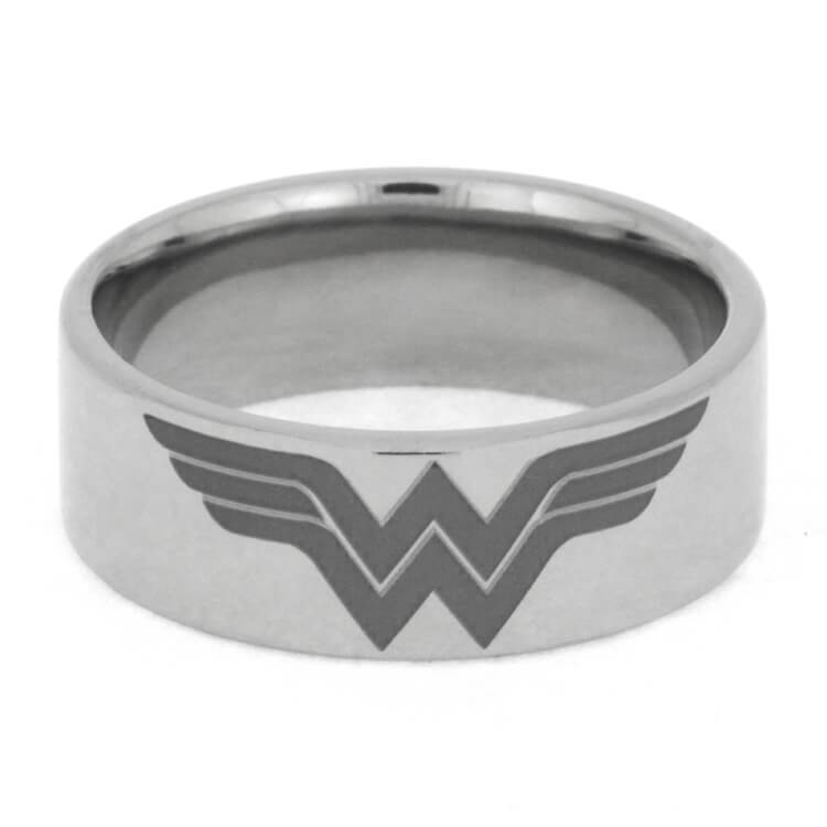 Engraved Symbol Inspired by Wonder Woman 8mm Comfort-Fit Polished Titanium Ring. 