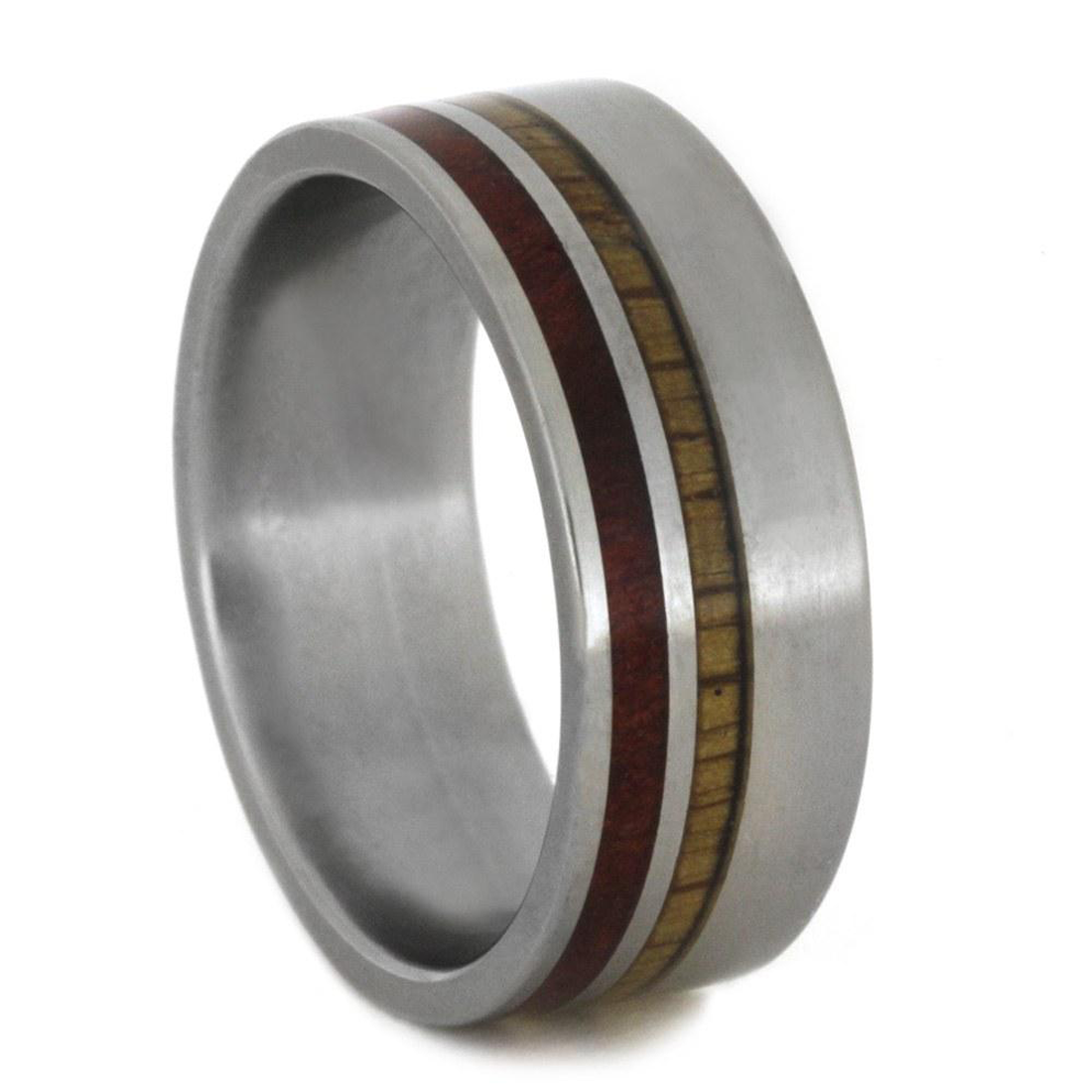 Hand made Amboyna Wood and Oak Wood overlays on an 8.00 millimeter, comfort-fit, matte finished titanium band. 