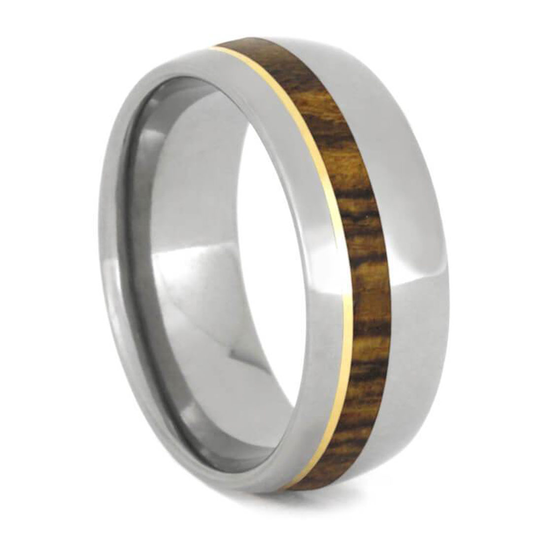 Hand made Bocote Wood with a 14k yellow gold pinstripe overlaid on an 8.00 millimeter, comfort-fit, polished titanium band. 