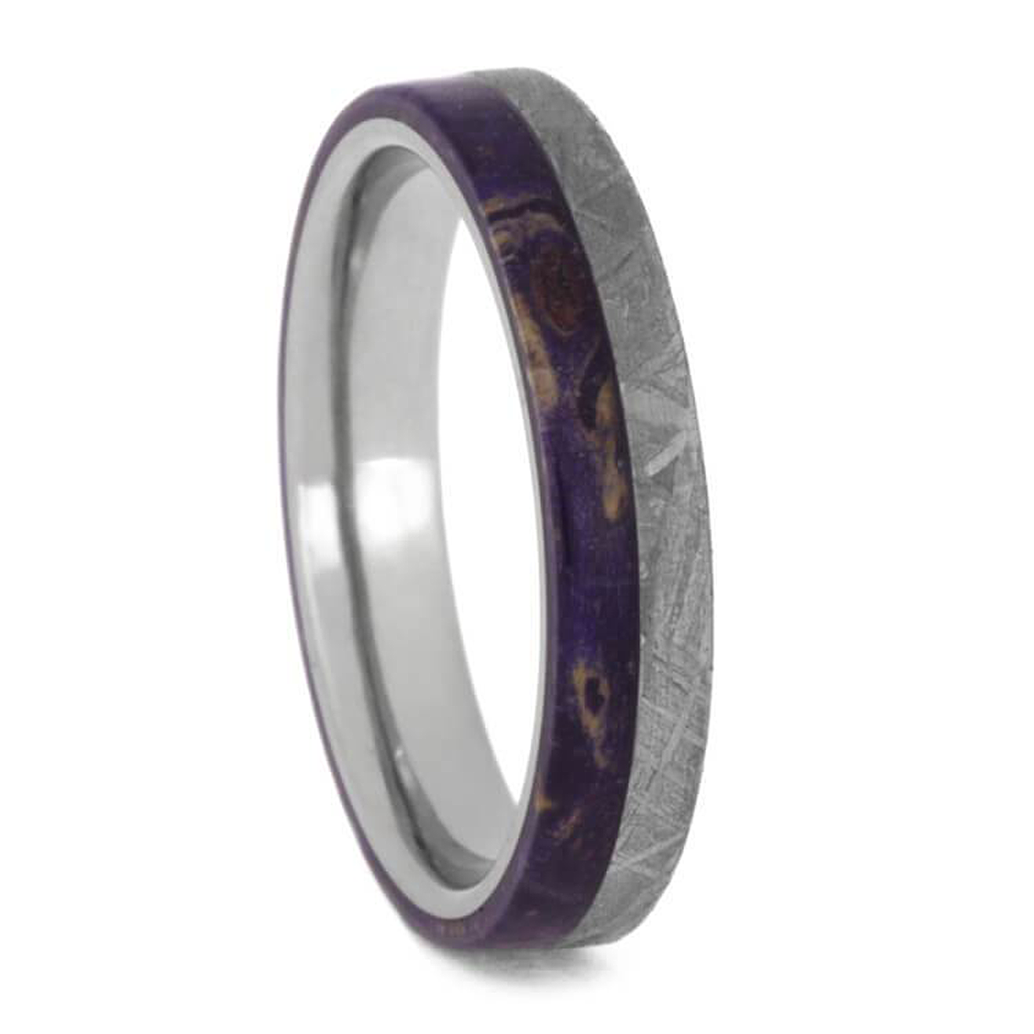 Hand made Gibeon Meteorite and Purple Elder Wood overlays on a 4.00 millimeter, comfort-fit, matte finished titanium band. 