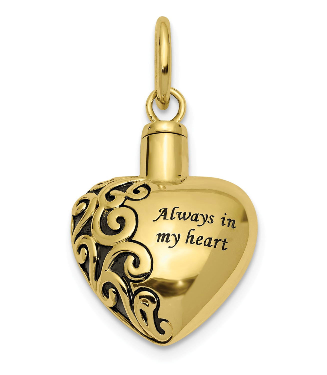 Antiqued 10k yellow gold ash holder with engraved 'Always in My Heart' text and scroll work. Ash holder comes with a funnel, Allen wrench, glue, spoon and a black velour pouch. The cremation vessel arrives packaged in a gift box, perfect for gift giving.