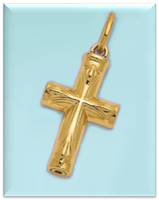 14k yellow gold Christian cross with a raised fleur de lys design on the ash holder pendant. Ash holder comes with a funnel, Allen wrench, glue, spoon and a black velour pouch. The cremation vessel arrives packaged in a gift box, perfect for gift giving.