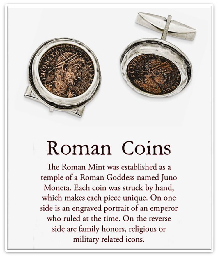 Genuine Roman bronze Widow's Mite coins set in a hand-designed sterling silver bezel for the gorgeous whale back cuff links.