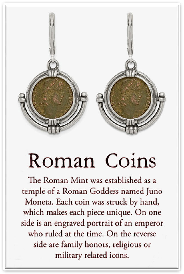 Genuine Roman bronze Widow's Mite coins set in a hand-designed sterling silver bezel for the gorgeous lever back earrings.
