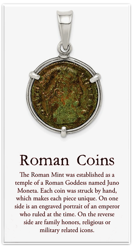 Genuine Roman bronze coin set in a hand-designed sterling silver bezel pendant.