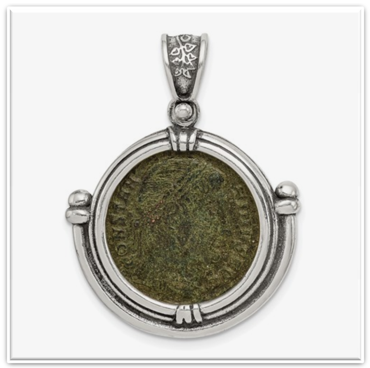 Genuine Roman bronze Constantine coin set in a hand-designed sterling silver bezel for the gorgeous pendant with a decorative bail of intricate heart leaves.