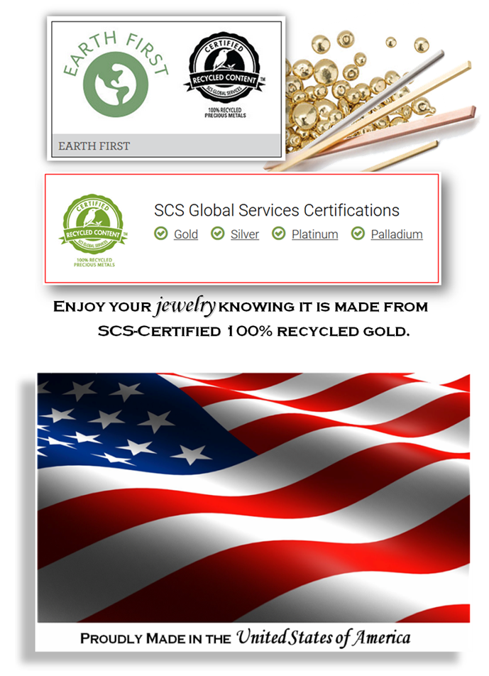 The personalized diamond studded initial necklaces are earth friendly as the gold is from 100 percent recycled precious metals and certified by Scientific Certifications. The diamonds are hand-set and the cursive alphabet initials are hand-finished and proudly made in the USA.