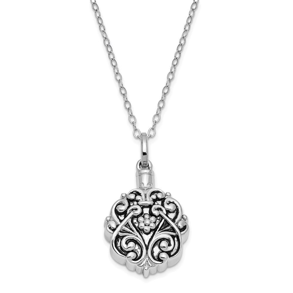 Hypoallergenic rhodium plating on a round, antiqued sterling silver cremation vessel necklace. Ash holder comes with a funnel, Allen wrench, glue, spoon and a black velour pouch. The cremation vessel arrives packaged in a gift box, perfect for gift giving.
