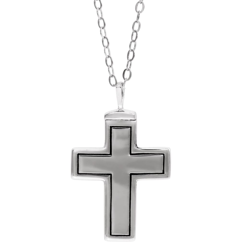 Hypoallergenic rhodium plating on a grooved sterling silver cross cremation vessel necklace. Ash holder comes with a funnel, Allen wrench, glue, spoon and a black velour pouch. The cremation vessel arrives packaged in a gift box, perfect for gift giving.