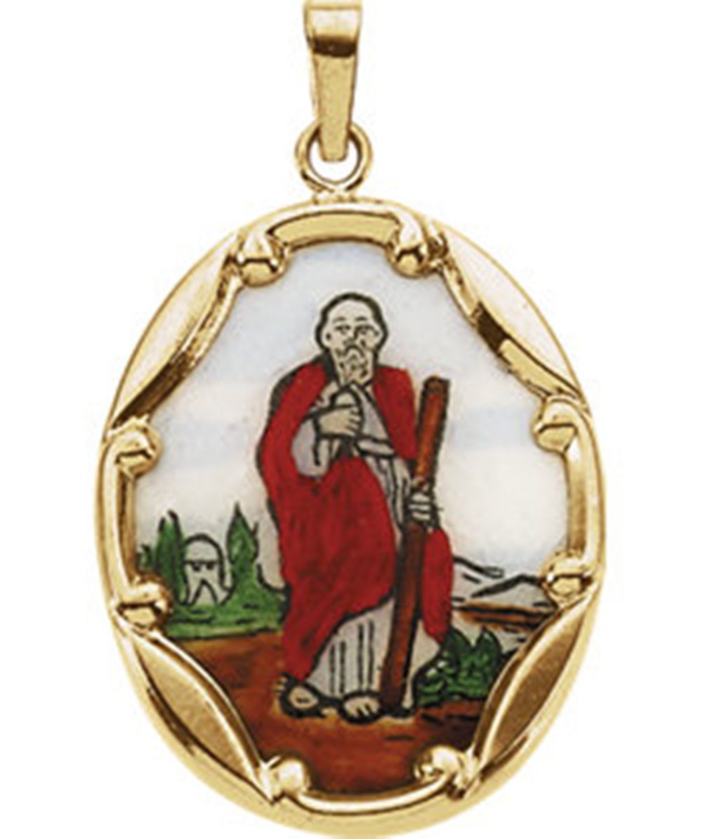 14k Yellow Gold St. Jude Hand-Painted Porcelain Medal (25x19.5MM)