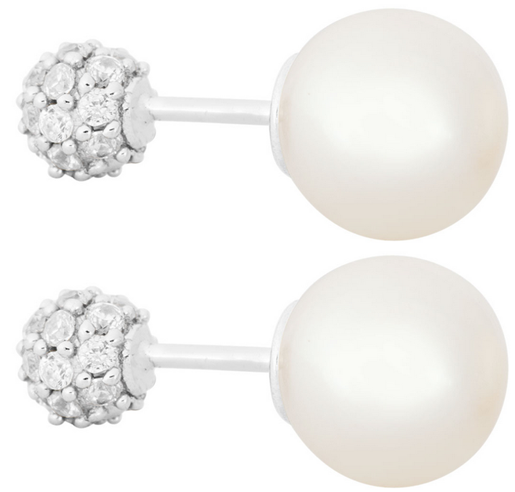 White freshwater cultured pearl and cz cluster double-sided, reversible ball earrings.