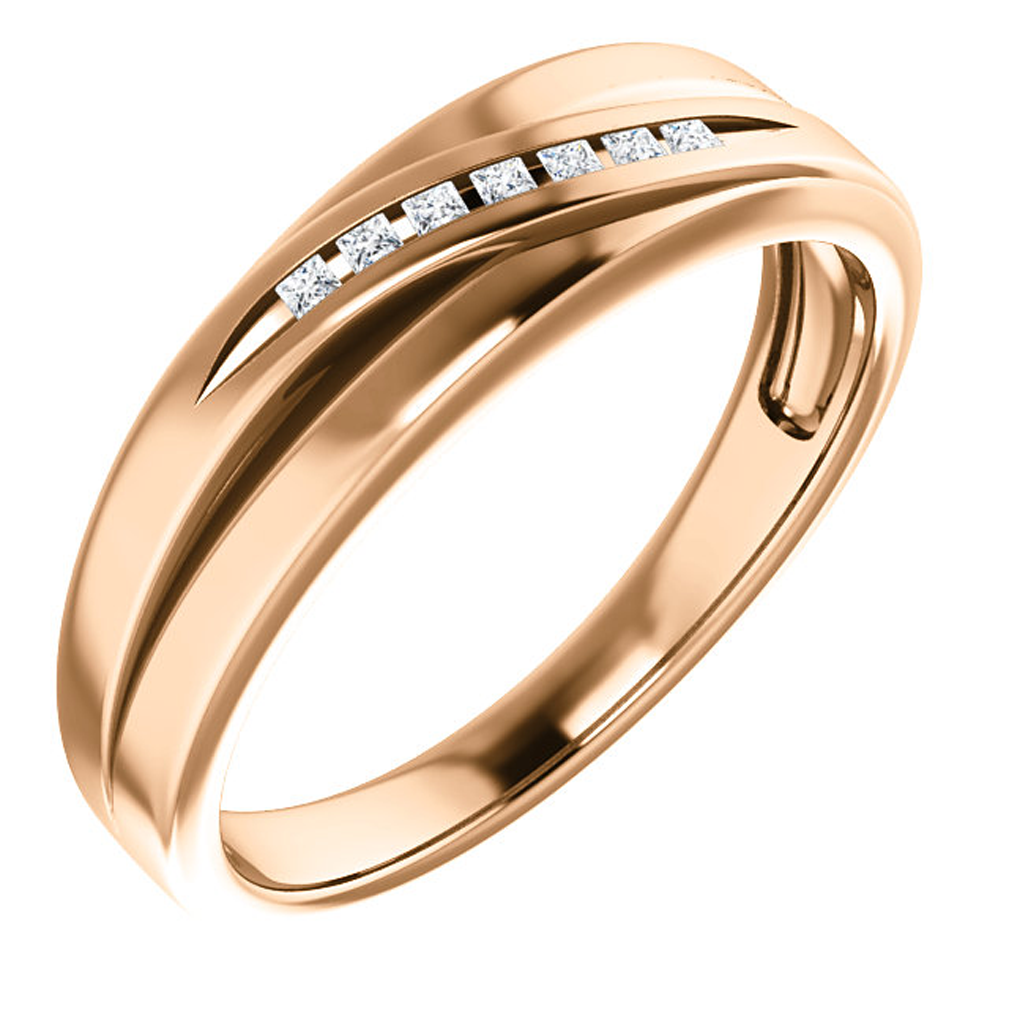 Men's 14k rose gold 7-stone channel-set square-cut diamond wedding ring.