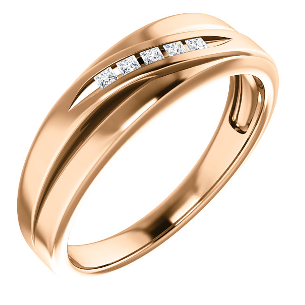 Men's 14k rose gold 5-stone channel-set diamond 5.7mm wedding ring.