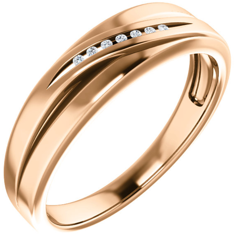 Men's 14k rose gold 7-stone channel-set diamond 5.7mm wedding ring.