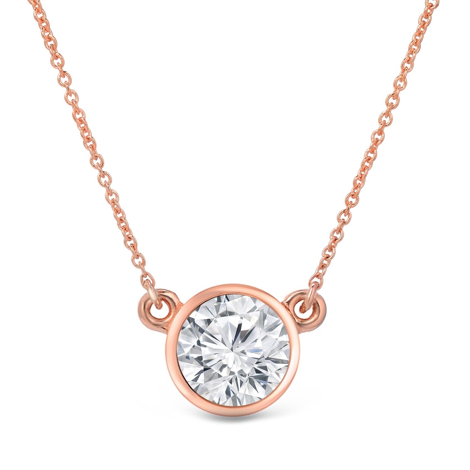 14k rose gold Charles and Colvard Forever One Moissanite bezel-set solitaire necklace suspended from a diamond-cut cable chain.