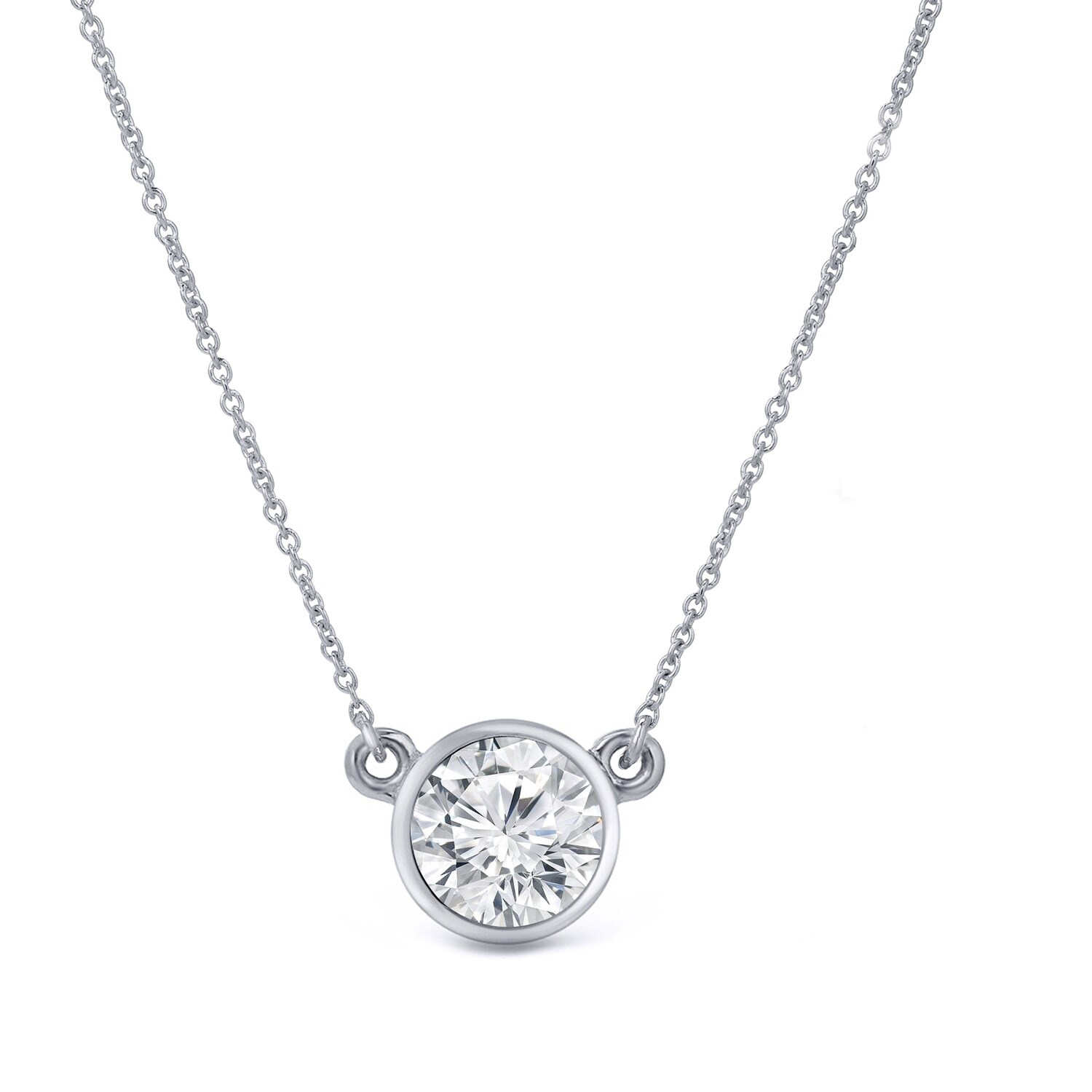 Rhodium plated 14k white gold Charles and Colvard bezel-set forever one moissanite necklace.