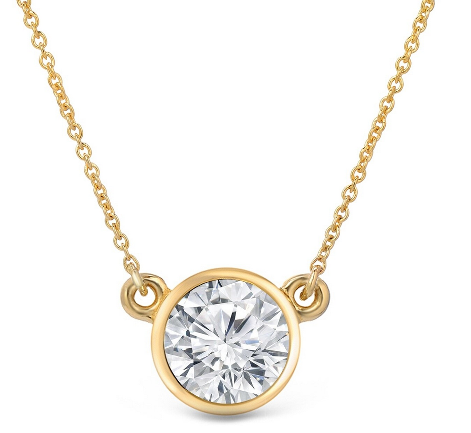 14k yellow gold Charles and Colvard bezel-set Forever One moissanite necklace.