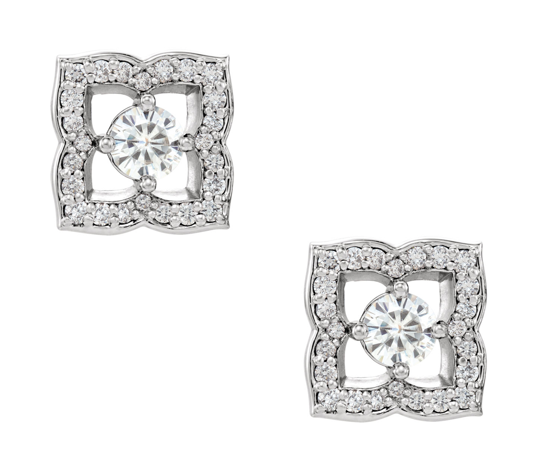 14k white gold pointed quatrefoil halo featuring a Charles and Colvard Forever One round brilliant moissanite stud earrings.