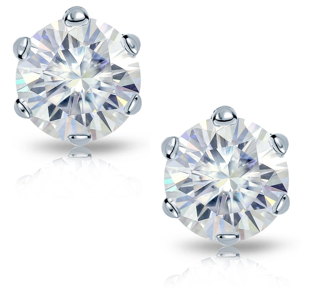 14k White Gold 6.5MM Charles and Colvard Forever One round brilliant moissanite stud earrings.