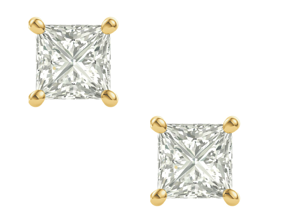 14k yellow gold brilliant square Charles and Colvard Forever One moissanite stud earrings.