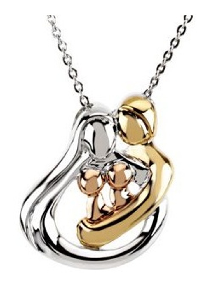 Tri-Color 'Embraced by the Heart' 18k Yellow Gold and 14k Rose Gold, Sterling Silver 2 Child Family Pendant Necklace, 18